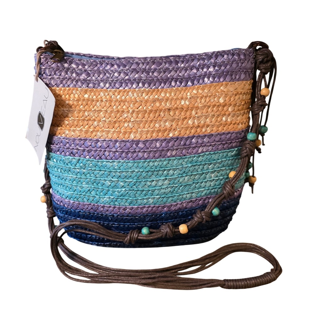 Nouveau Woven‎ Straw Striped Crossbody Bag Beaded Boho Summer Purse Multi-Color